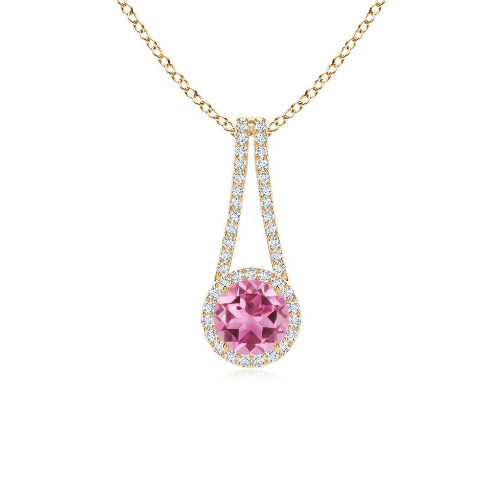 6mm AAA Pink Tourmaline and Diamond Halo Inverted V-Bale Pendant in Yellow Gold 