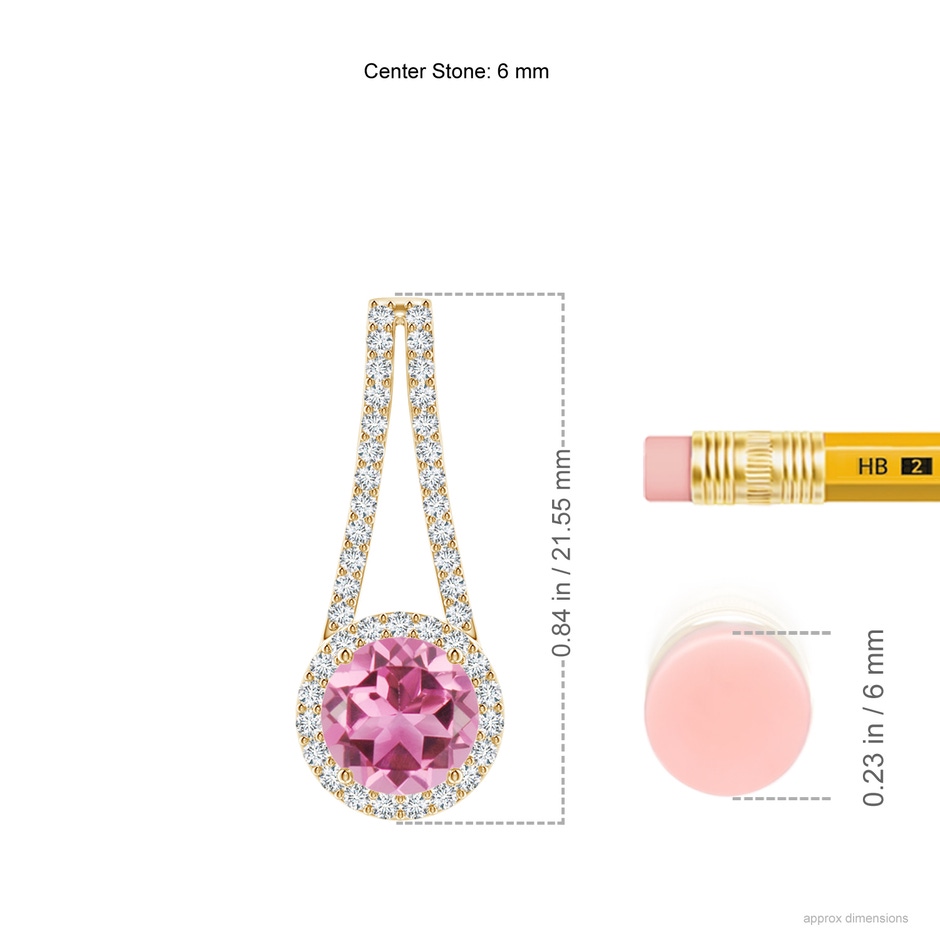 6mm AAA Pink Tourmaline and Diamond Halo Inverted V-Bale Pendant in Yellow Gold ruler