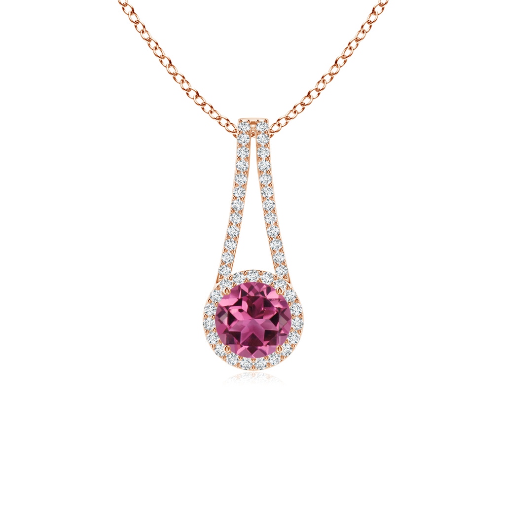 6mm AAAA Pink Tourmaline and Diamond Halo Inverted V-Bale Pendant in Rose Gold