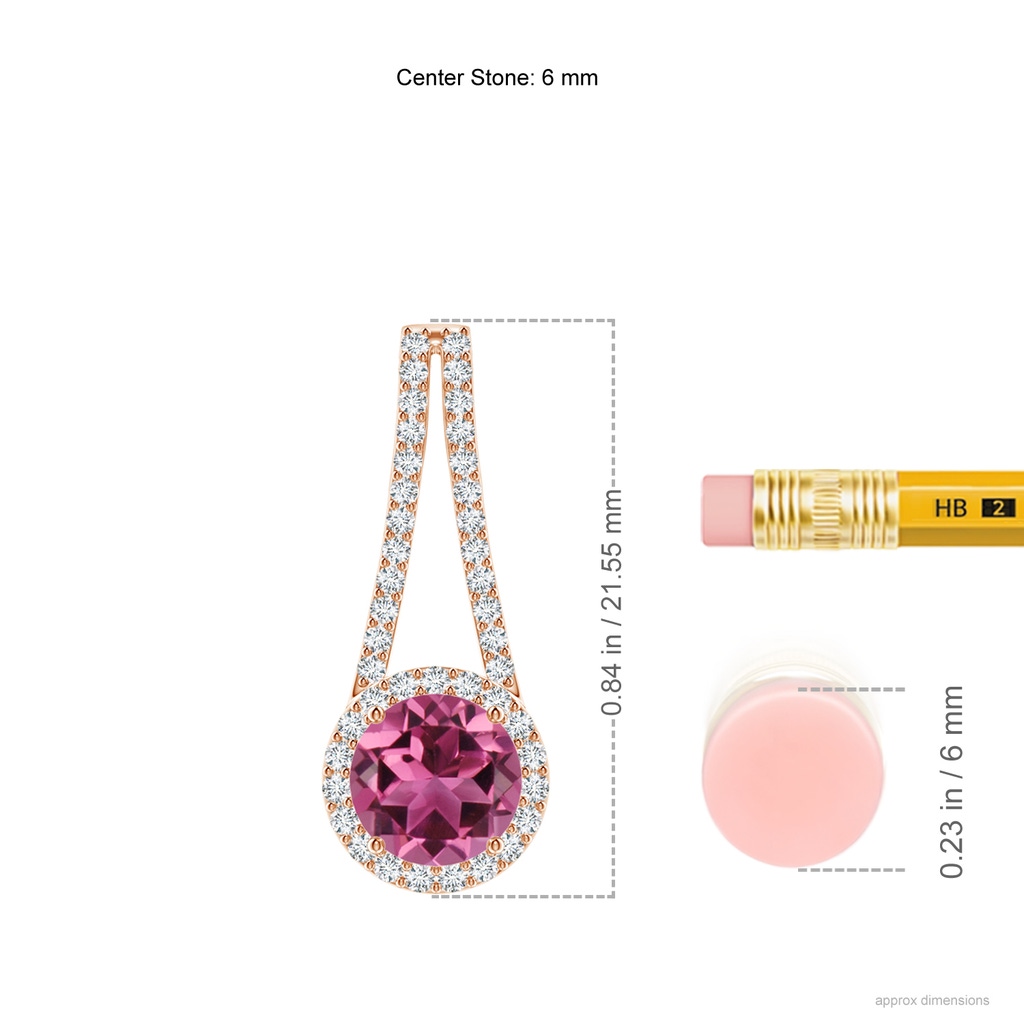 6mm AAAA Pink Tourmaline and Diamond Halo Inverted V-Bale Pendant in Rose Gold Ruler