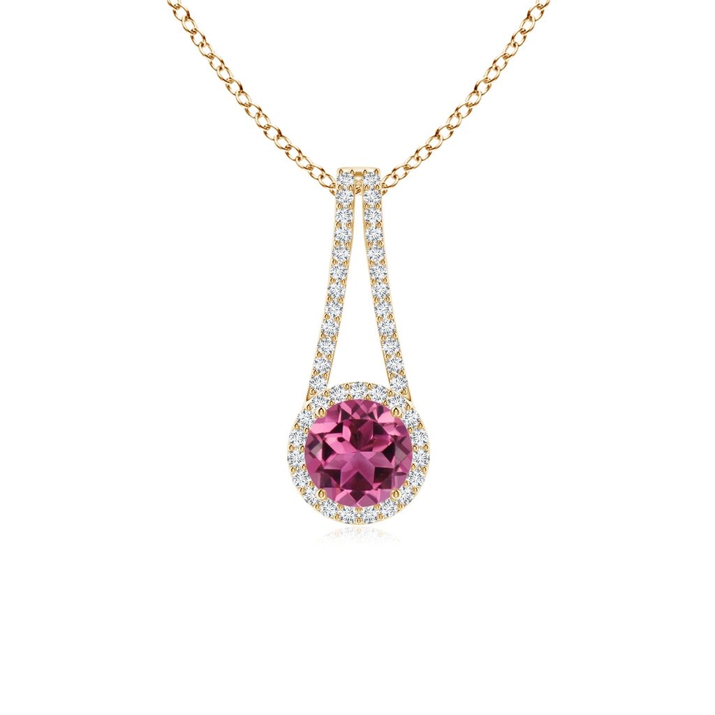 6mm AAAA Pink Tourmaline and Diamond Halo Inverted V-Bale Pendant in Yellow Gold