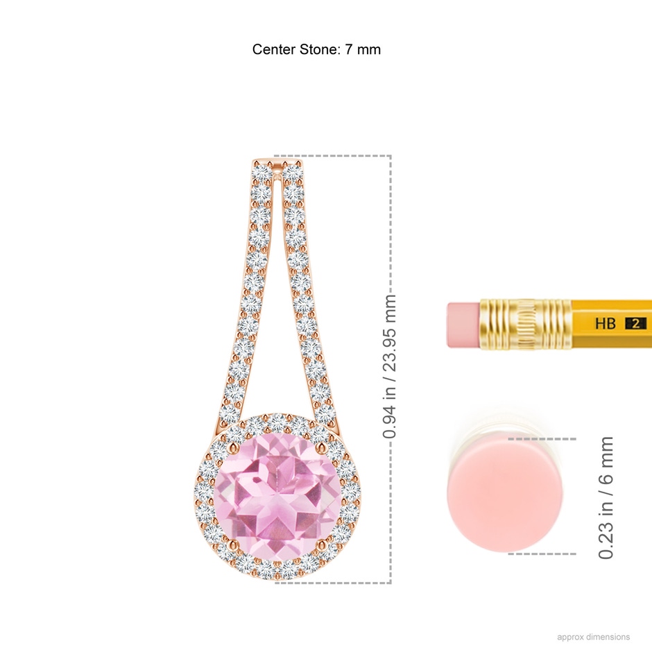 7mm A Pink Tourmaline and Diamond Halo Inverted V-Bale Pendant in Rose Gold ruler