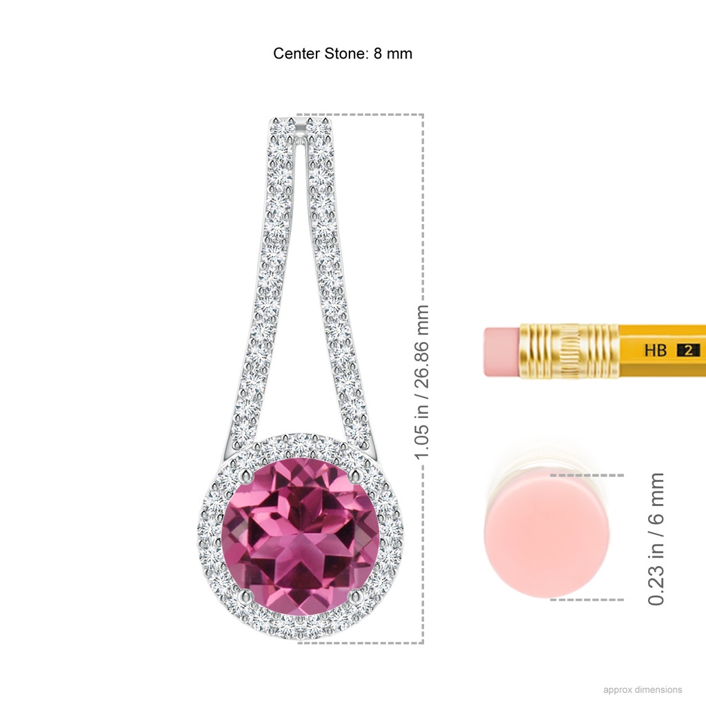 8mm AAAA Pink Tourmaline and Diamond Halo Inverted V-Bale Pendant in White Gold Ruler