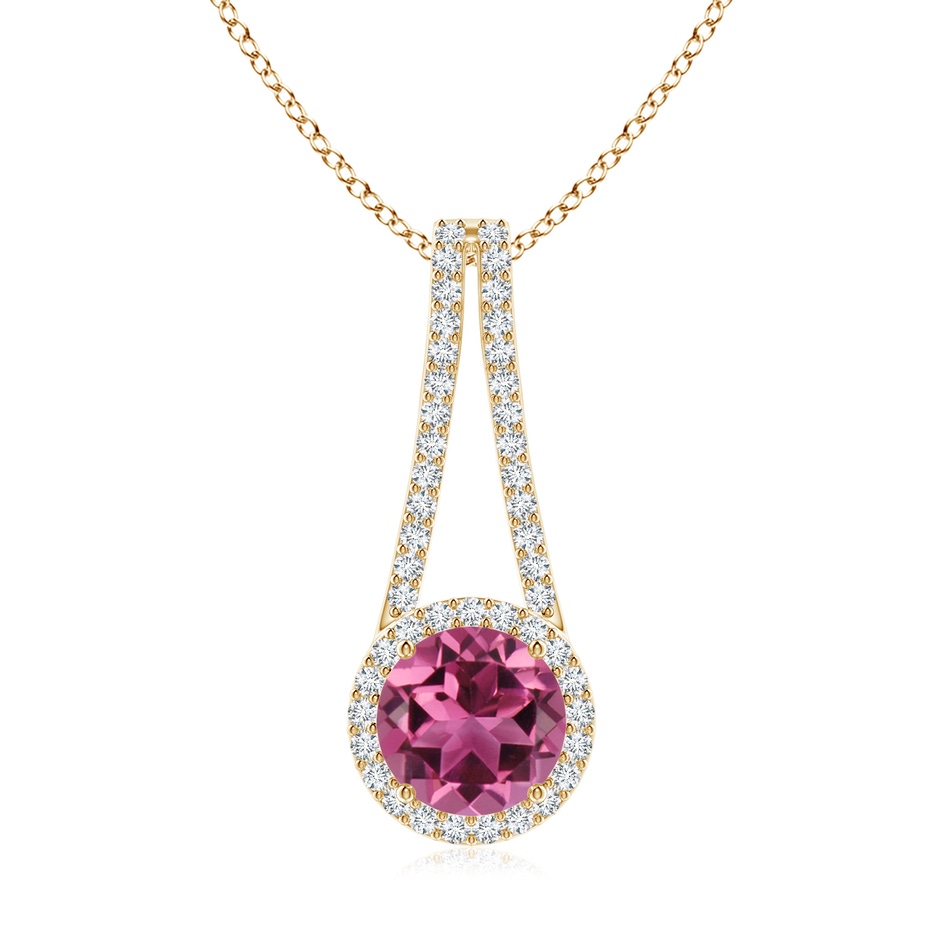 8mm AAAA Pink Tourmaline and Diamond Halo Inverted V-Bale Pendant in Yellow Gold 