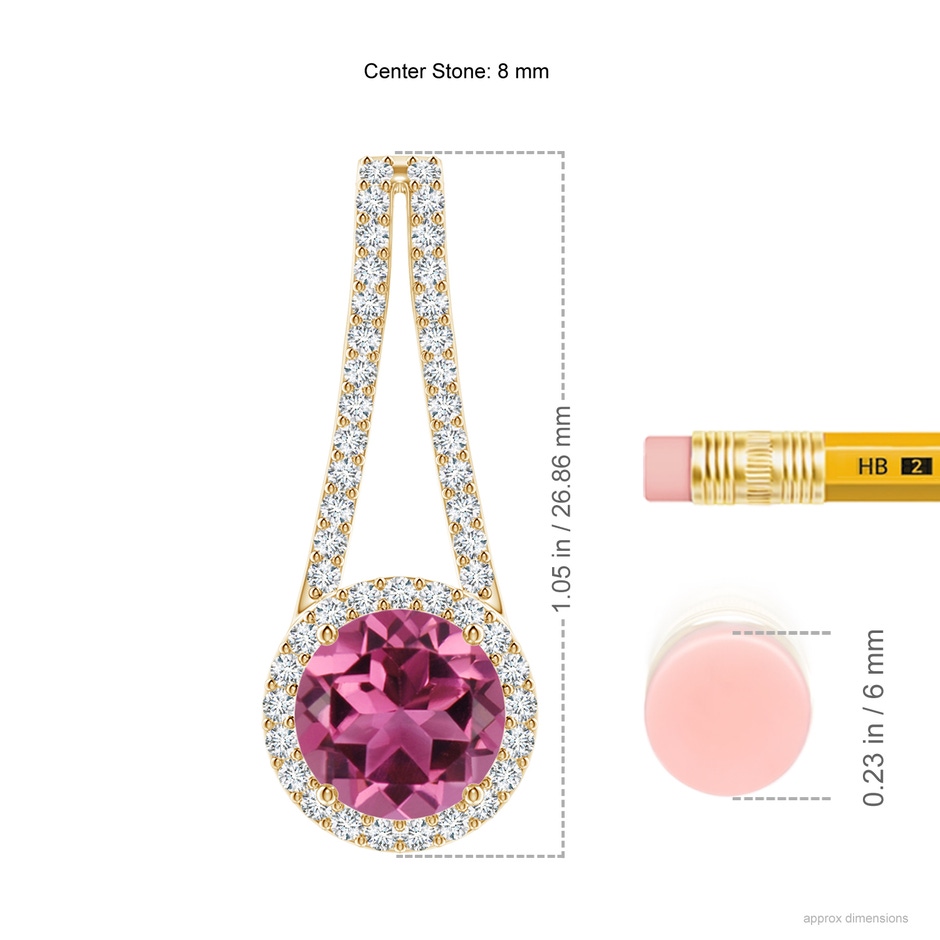 8mm AAAA Pink Tourmaline and Diamond Halo Inverted V-Bale Pendant in Yellow Gold ruler