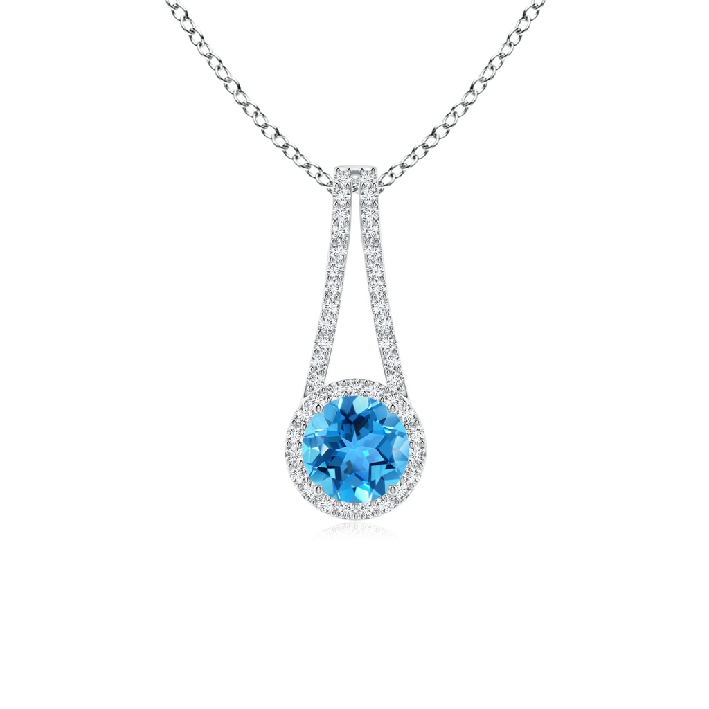 6mm AAA Swiss Blue Topaz and Diamond Halo Inverted V-Bale Pendant in White Gold 