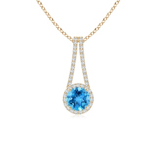 6mm AAA Swiss Blue Topaz and Diamond Halo Inverted V-Bale Pendant in Yellow Gold