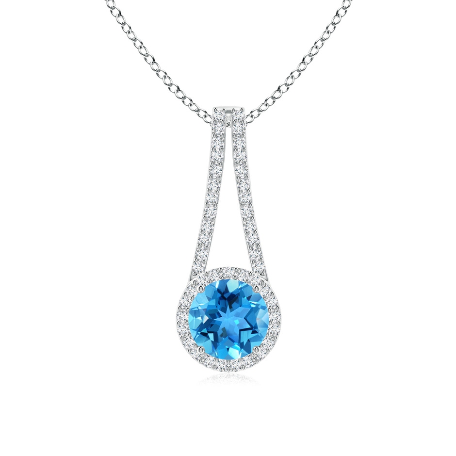 7mm AAA Swiss Blue Topaz and Diamond Halo Inverted V-Bale Pendant in White Gold 