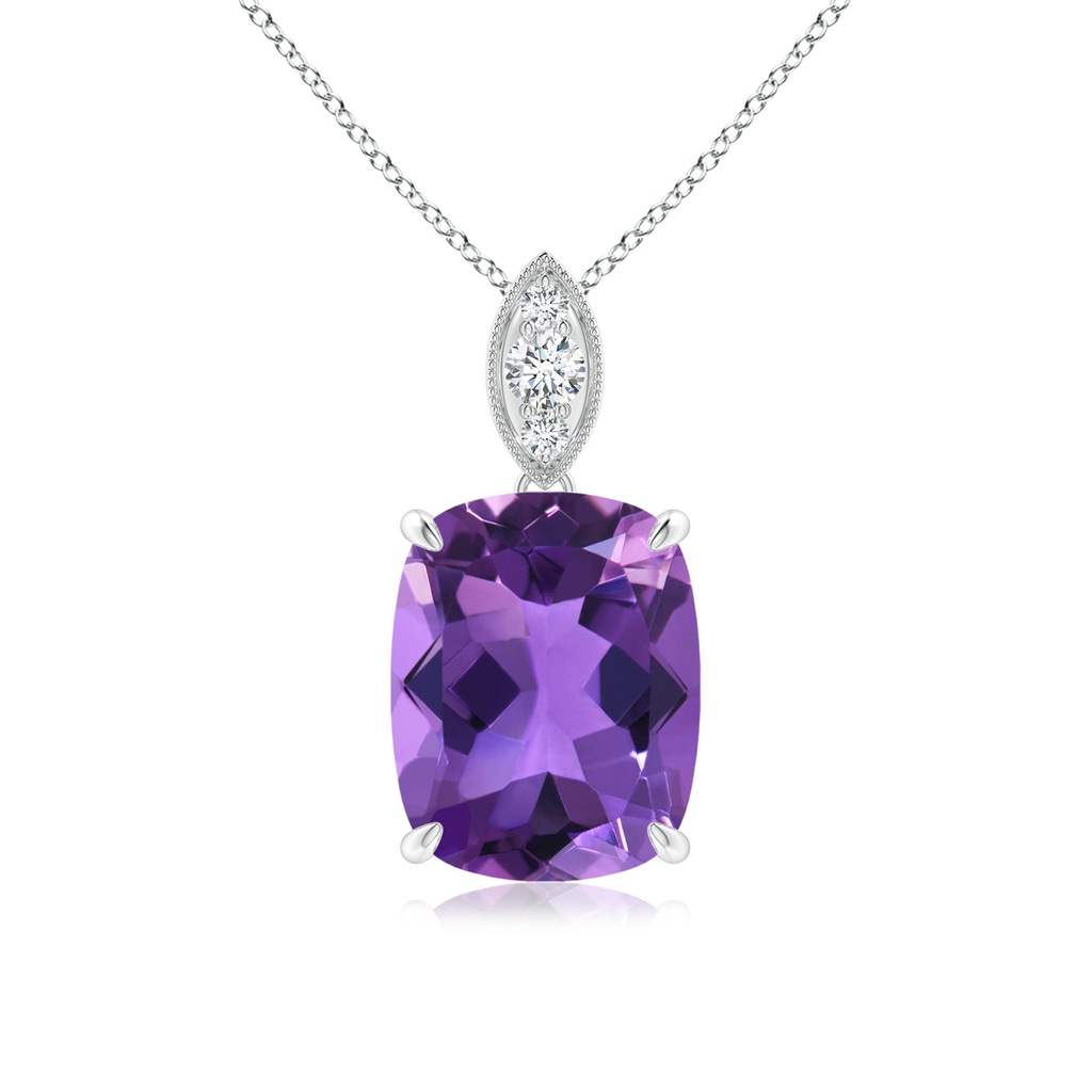 10x8mm AAA Cushion Amethyst Pendant with Diamond Leaf Bale in White Gold