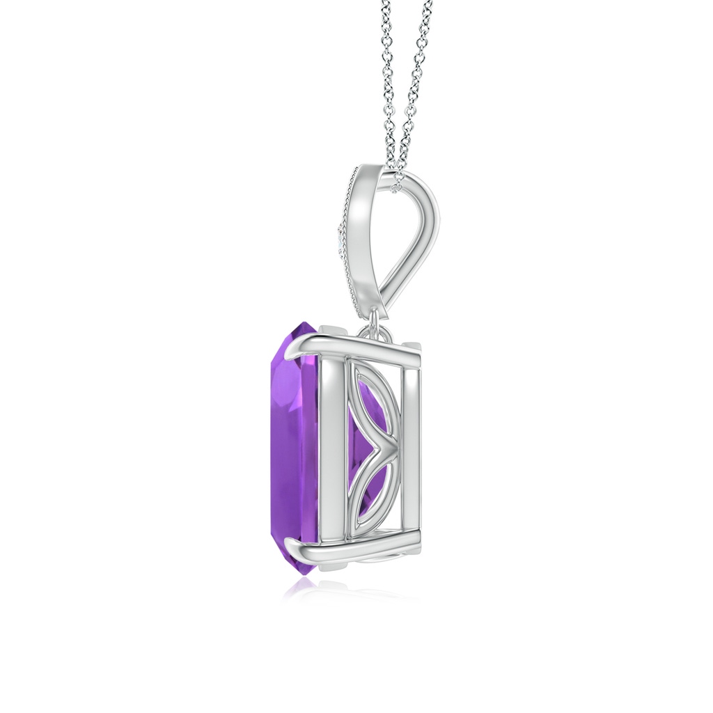10x8mm AAA Cushion Amethyst Pendant with Diamond Leaf Bale in White Gold - side_1
