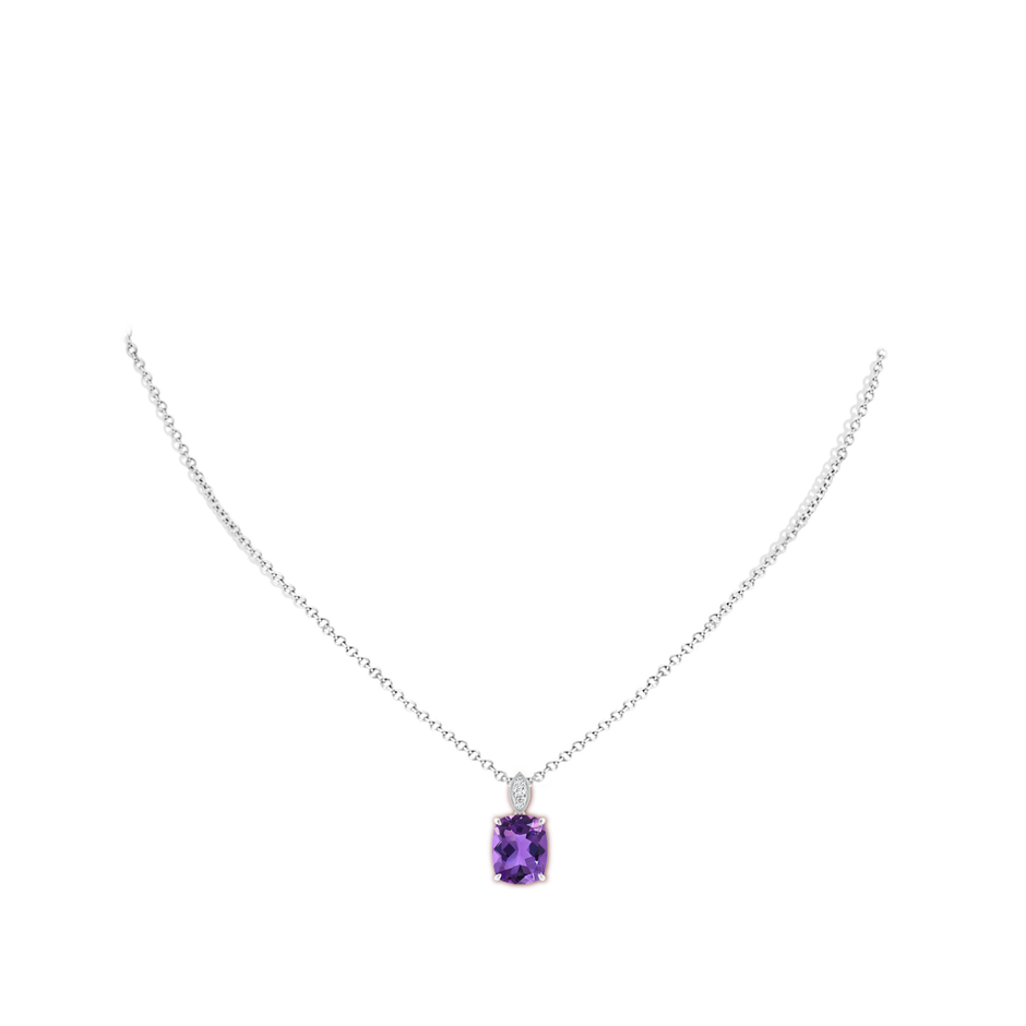 10x8mm AAA Cushion Amethyst Pendant with Diamond Leaf Bale in White Gold body-neck