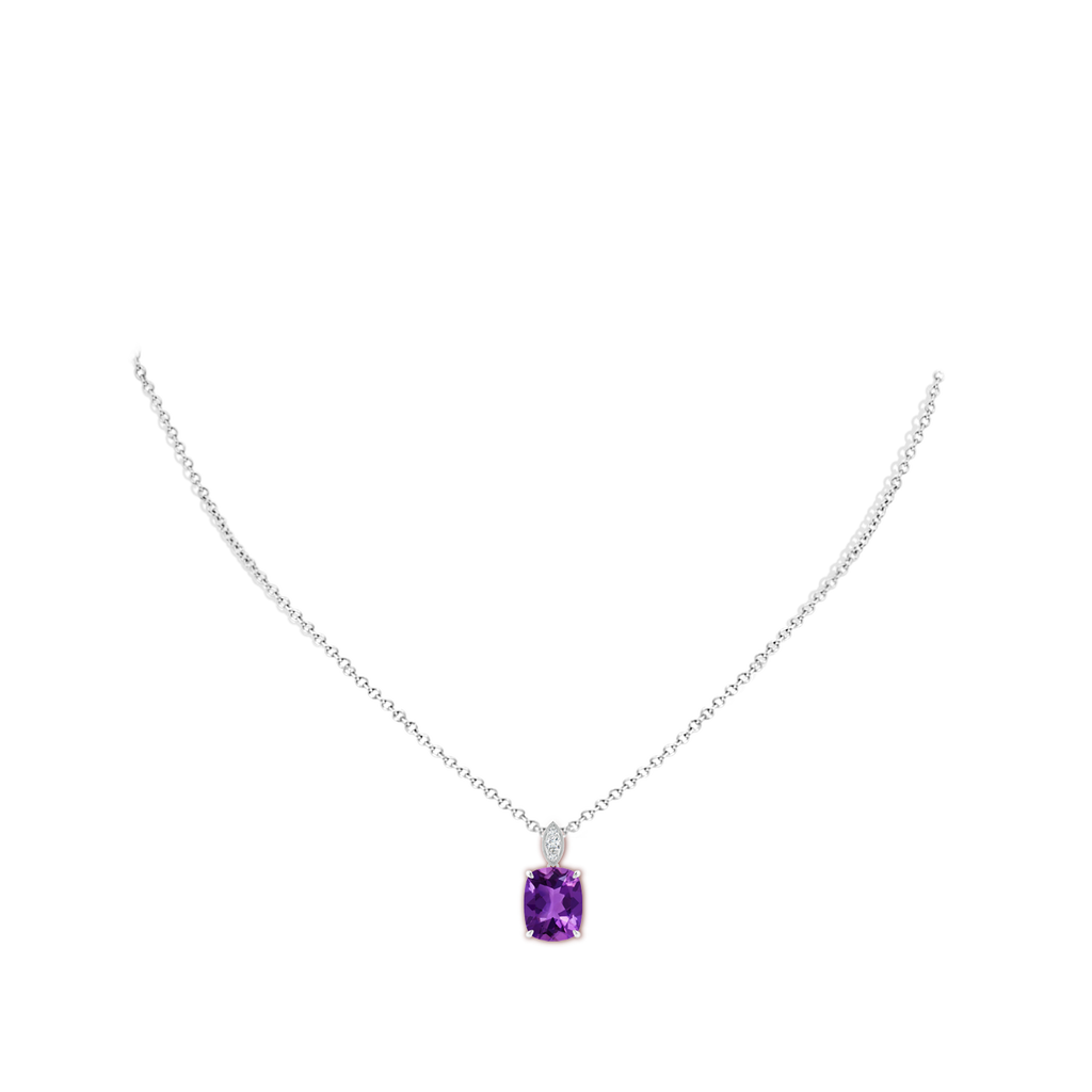 10x8mm AAAA Cushion Amethyst Pendant with Diamond Leaf Bale in P950 Platinum Body-Neck