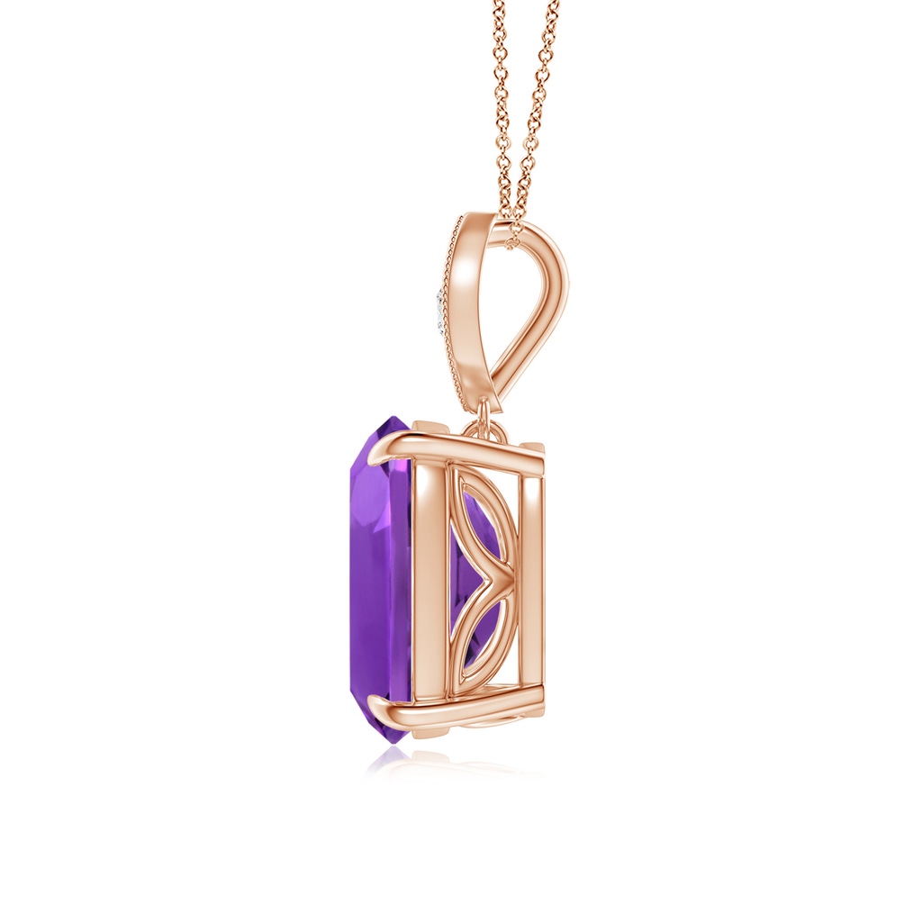 10x8mm AAAA Cushion Amethyst Pendant with Diamond Leaf Bale in Rose Gold - side_1