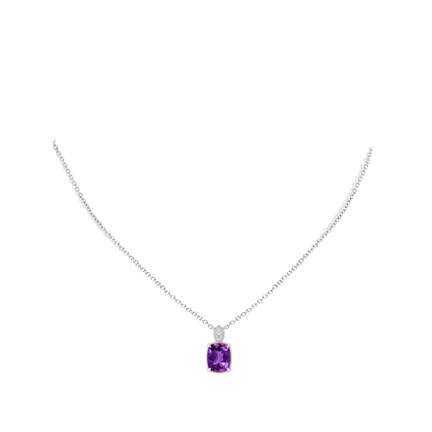 10x8mm AAAA Cushion Amethyst Pendant with Diamond Leaf Bale in White Gold - body_neck