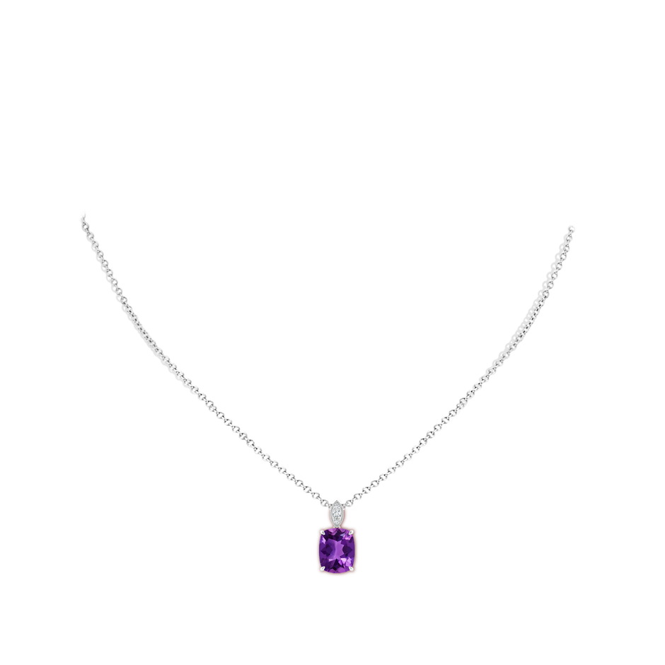 10x8mm AAAA Cushion Amethyst Pendant with Diamond Leaf Bale in White Gold body-neck