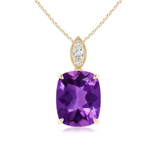 10x8mm AAAA Cushion Amethyst Pendant with Diamond Leaf Bale in Yellow Gold