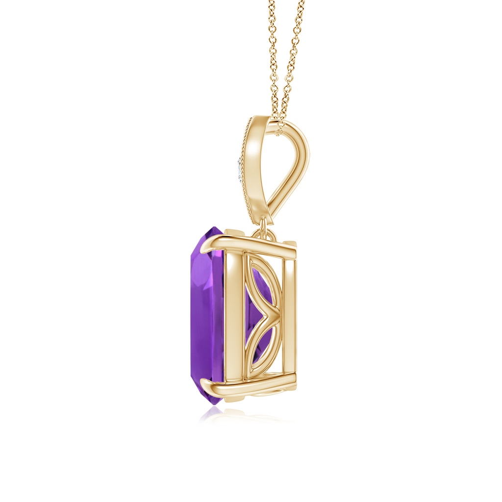 10x8mm AAAA Cushion Amethyst Pendant with Diamond Leaf Bale in Yellow Gold - side_1