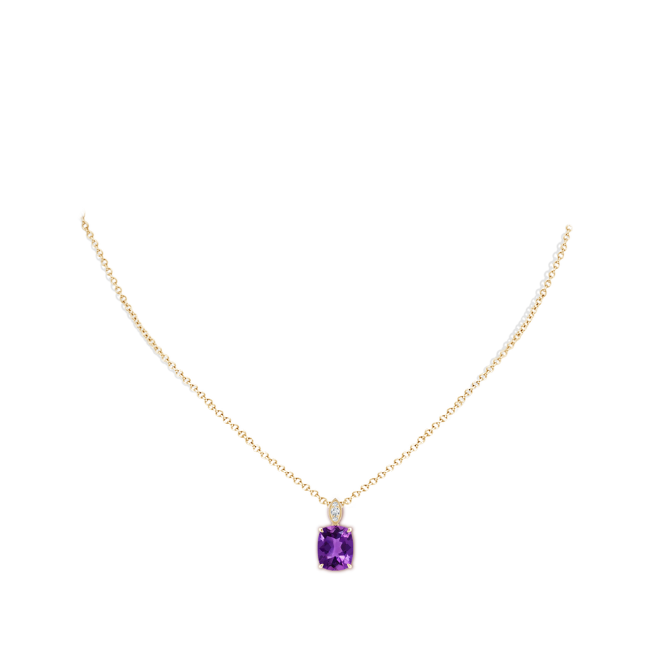 10x8mm AAAA Cushion Amethyst Pendant with Diamond Leaf Bale in Yellow Gold body-neck