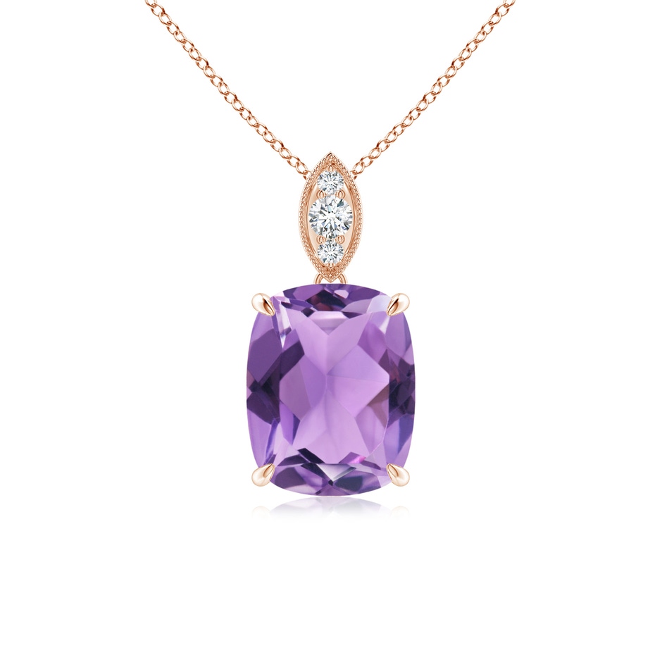 9x7mm A Cushion Amethyst Pendant with Diamond Leaf Bale in Rose Gold 