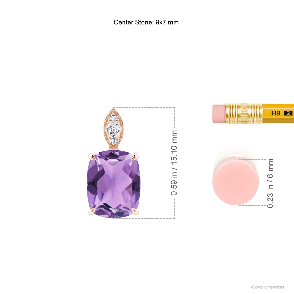 9x7mm A Cushion Amethyst Pendant with Diamond Leaf Bale in Rose Gold ruler