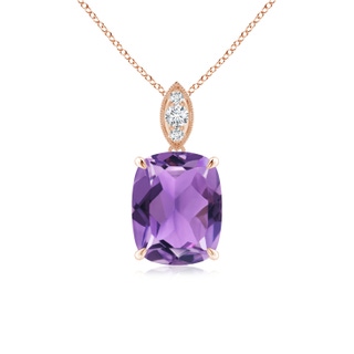 9x7mm AA Cushion Amethyst Pendant with Diamond Leaf Bale in 9K Rose Gold