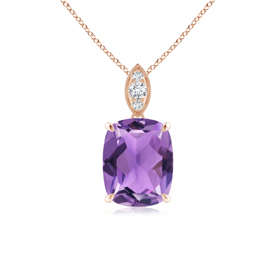 9x7mm AA Cushion Amethyst Pendant with Diamond Leaf Bale in Rose Gold 