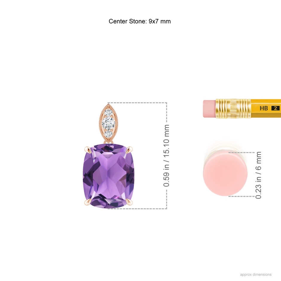 9x7mm AA Cushion Amethyst Pendant with Diamond Leaf Bale in Rose Gold ruler