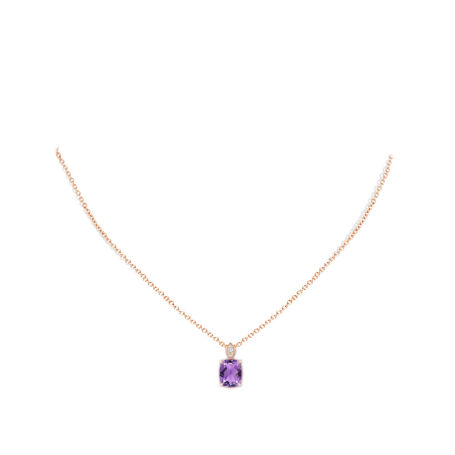 9x7mm AA Cushion Amethyst Pendant with Diamond Leaf Bale in Rose Gold body-neck