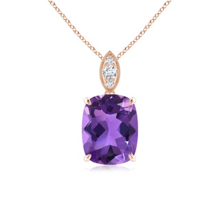 9x7mm AAA Cushion Amethyst Pendant with Diamond Leaf Bale in Rose Gold