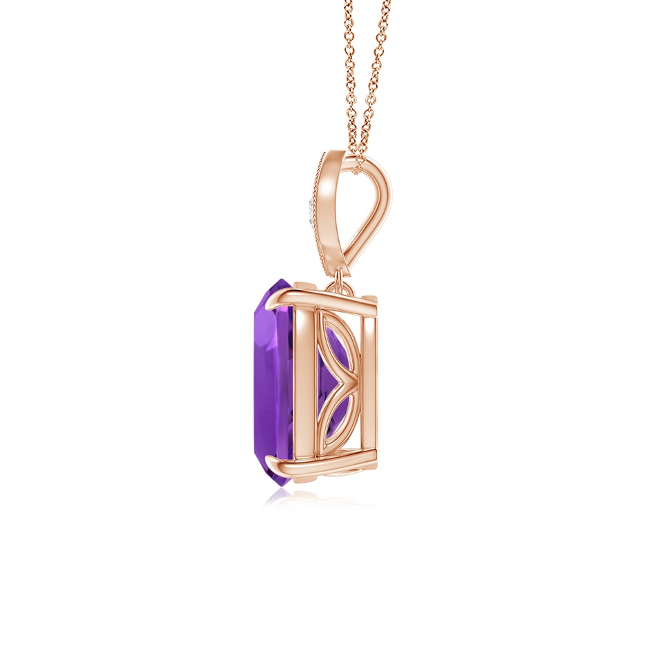 9x7mm AAAA Cushion Amethyst Pendant with Diamond Leaf Bale in 9K Rose Gold side1