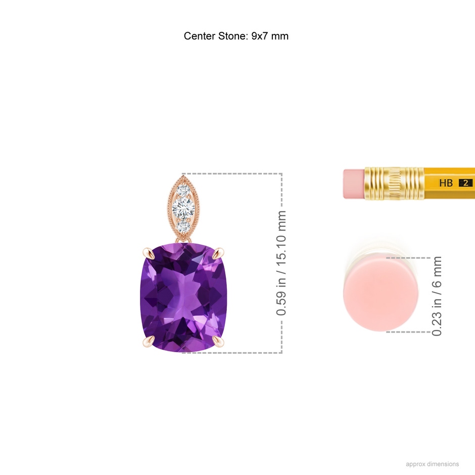 9x7mm AAAA Cushion Amethyst Pendant with Diamond Leaf Bale in 9K Rose Gold ruler