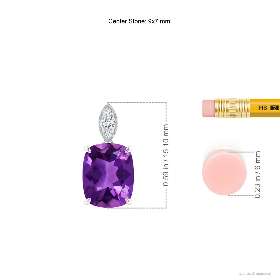 9x7mm AAAA Cushion Amethyst Pendant with Diamond Leaf Bale in P950 Platinum ruler