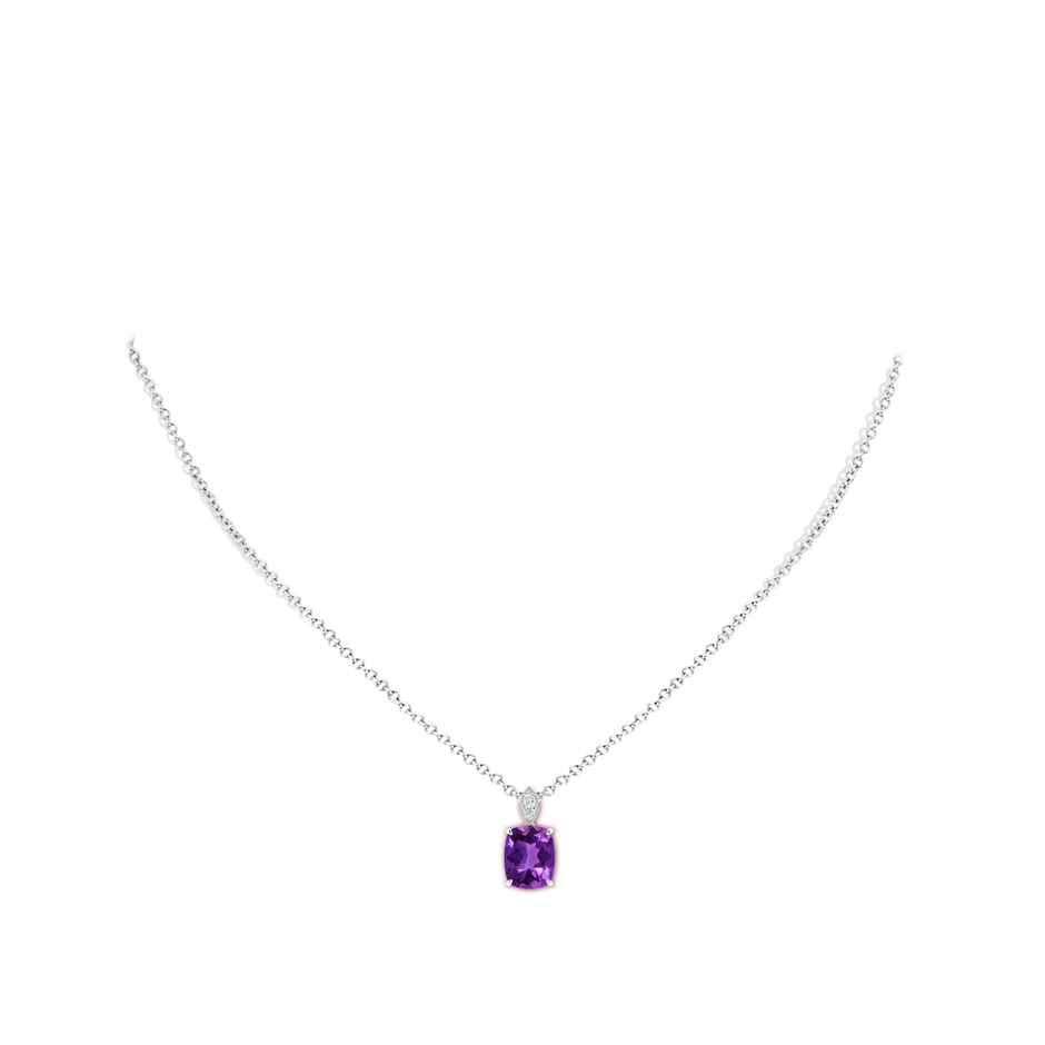 9x7mm AAAA Cushion Amethyst Pendant with Diamond Leaf Bale in P950 Platinum body-neck