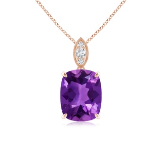 9x7mm AAAA Cushion Amethyst Pendant with Diamond Leaf Bale in Rose Gold