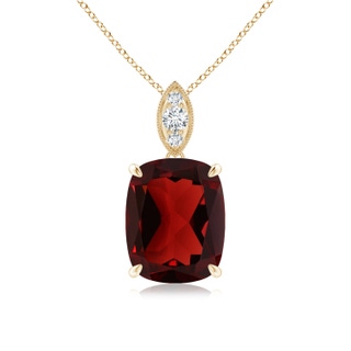 10x8mm AAA Cushion Garnet Pendant with Diamond Leaf Bale in Yellow Gold