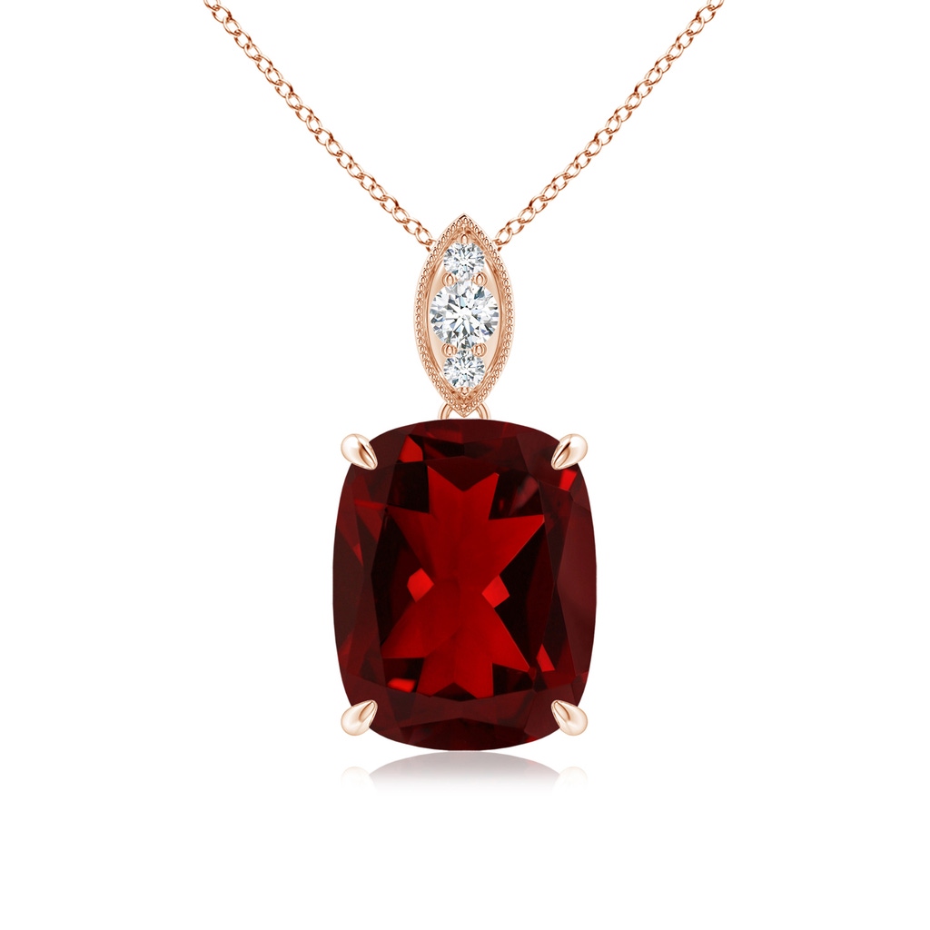 10x8mm AAAA Cushion Garnet Pendant with Diamond Leaf Bale in Rose Gold