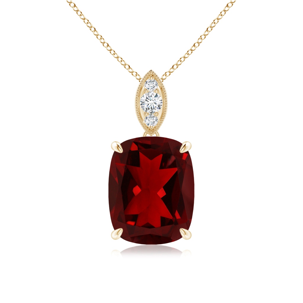 10x8mm AAAA Cushion Garnet Pendant with Diamond Leaf Bale in Yellow Gold