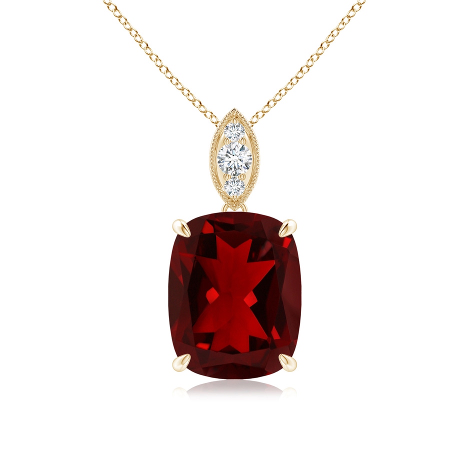 10x8mm AAAA Cushion Garnet Pendant with Diamond Leaf Bale in Yellow Gold 