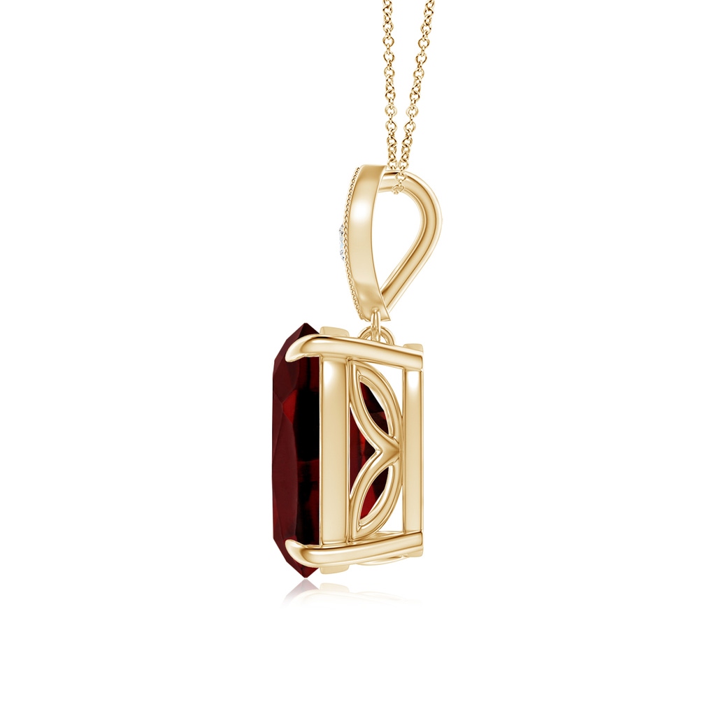 10x8mm AAAA Cushion Garnet Pendant with Diamond Leaf Bale in Yellow Gold - side_1