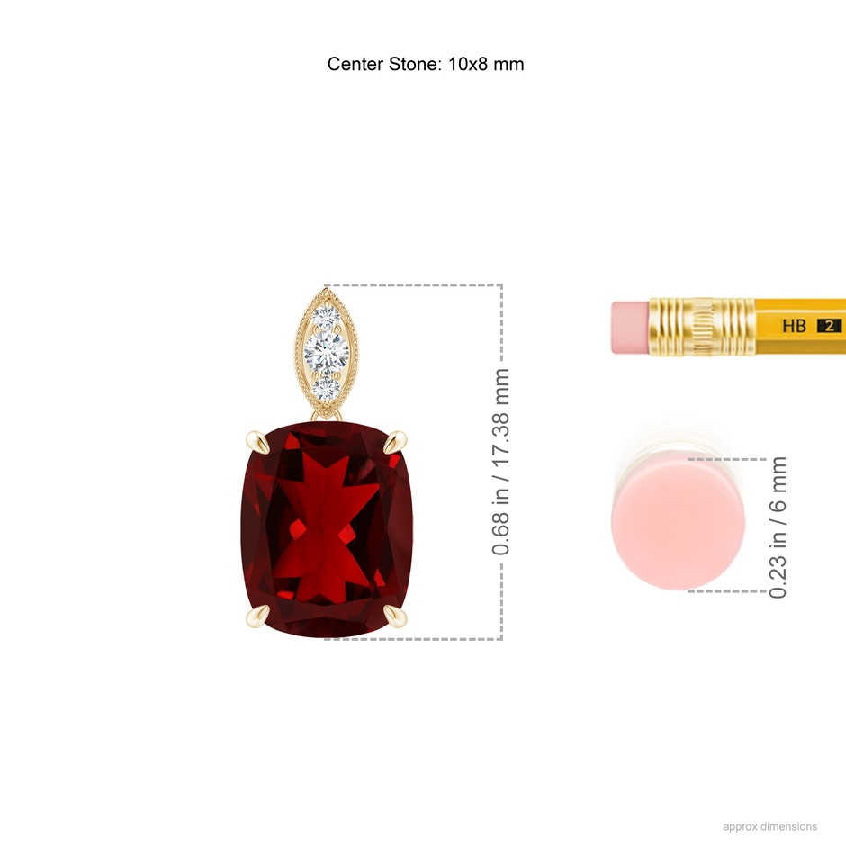 10x8mm AAAA Cushion Garnet Pendant with Diamond Leaf Bale in Yellow Gold ruler