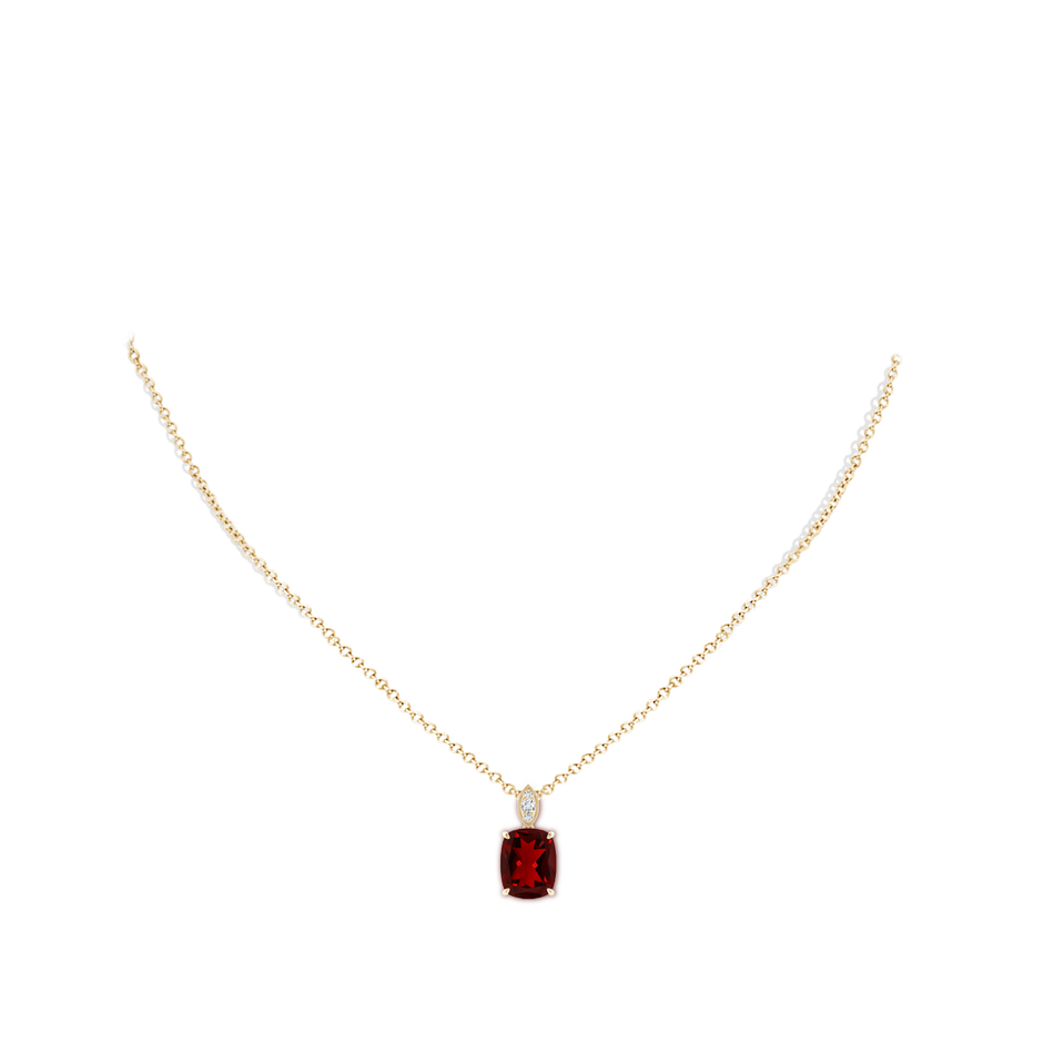 10x8mm AAAA Cushion Garnet Pendant with Diamond Leaf Bale in Yellow Gold body-neck