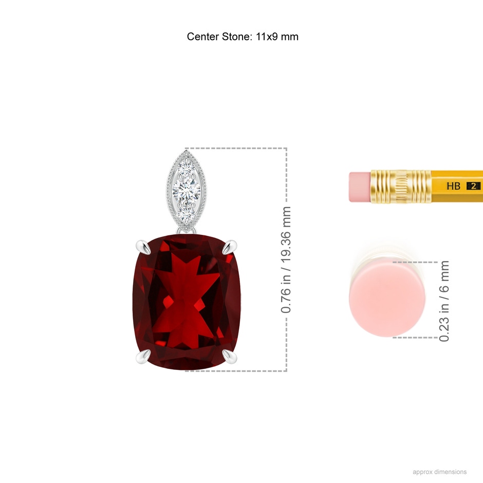 11x9mm AAAA Cushion Garnet Pendant with Diamond Leaf Bale in P950 Platinum ruler