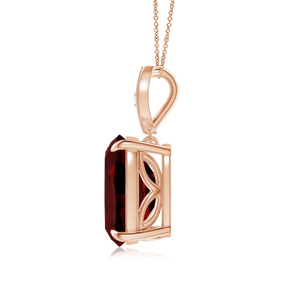 11x9mm AAAA Cushion Garnet Pendant with Diamond Leaf Bale in Rose Gold side-1