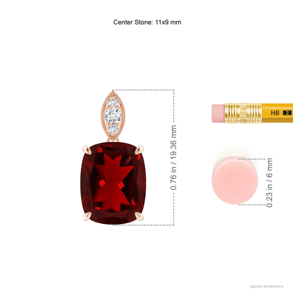11x9mm AAAA Cushion Garnet Pendant with Diamond Leaf Bale in Rose Gold ruler