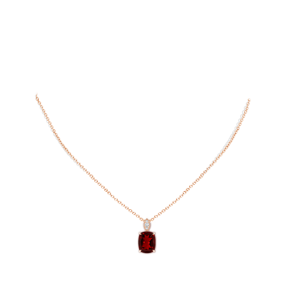 11x9mm AAAA Cushion Garnet Pendant with Diamond Leaf Bale in Rose Gold body-neck