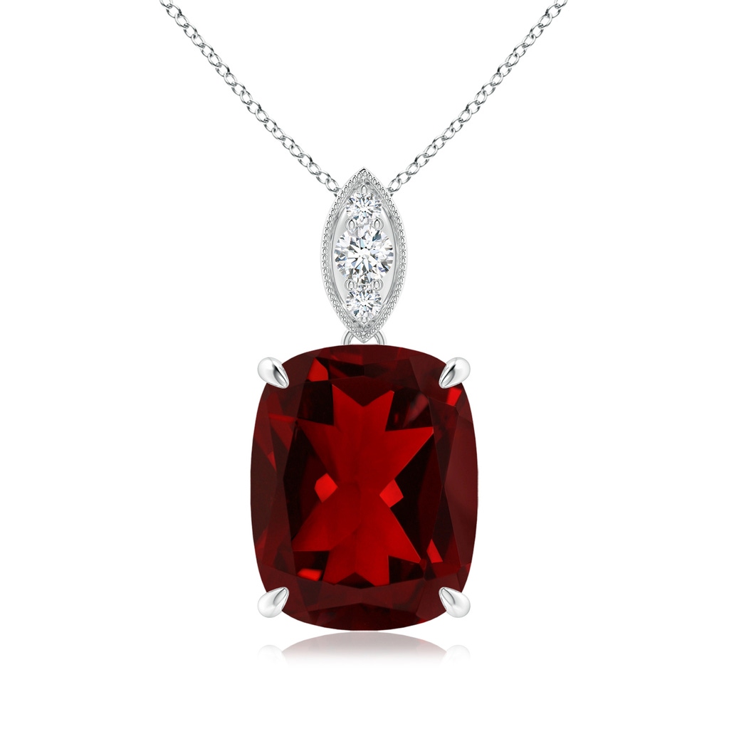 11x9mm AAAA Cushion Garnet Pendant with Diamond Leaf Bale in White Gold