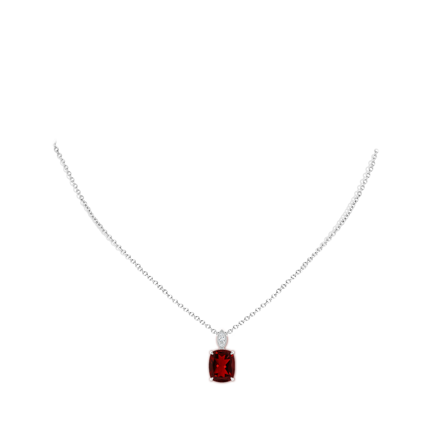 11x9mm AAAA Cushion Garnet Pendant with Diamond Leaf Bale in White Gold - body_neck