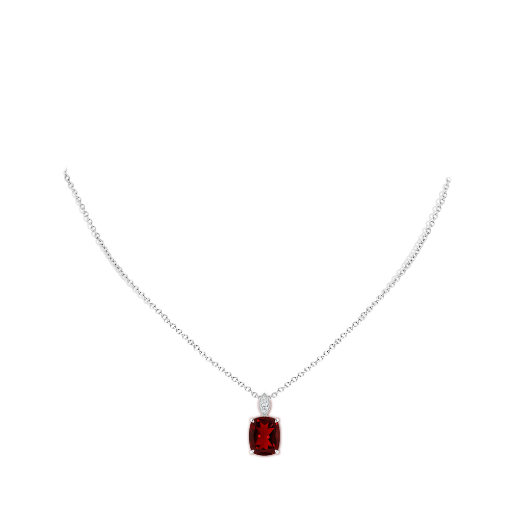 11x9mm AAAA Cushion Garnet Pendant with Diamond Leaf Bale in White Gold Body-Neck