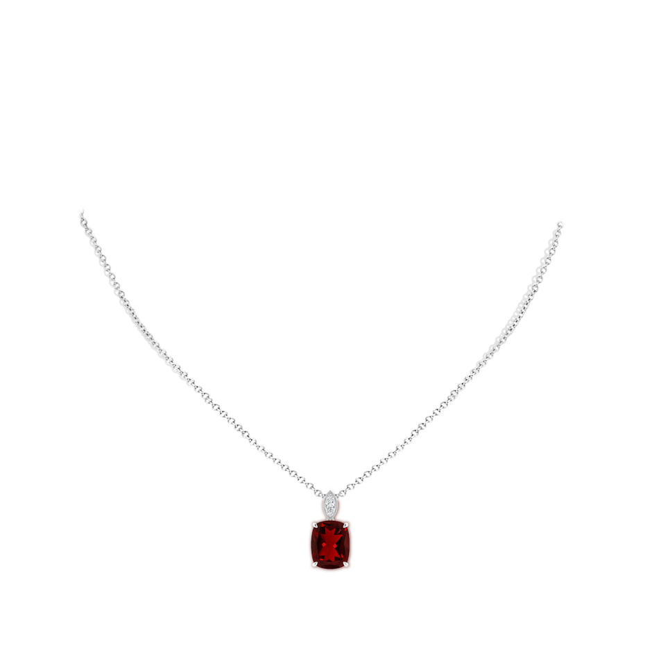 11x9mm AAAA Cushion Garnet Pendant with Diamond Leaf Bale in White Gold body-neck