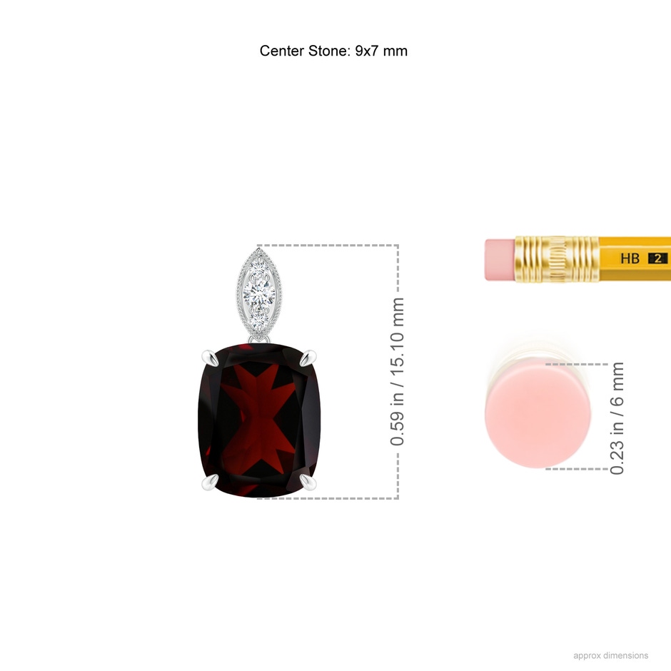 9x7mm A Cushion Garnet Pendant with Diamond Leaf Bale in P950 Platinum ruler